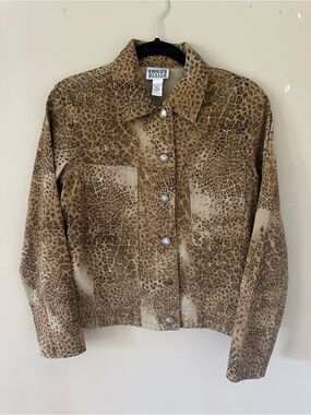 Vintage Chico's Brown Leopard Animal Print Button Down Denim Jacket size S
